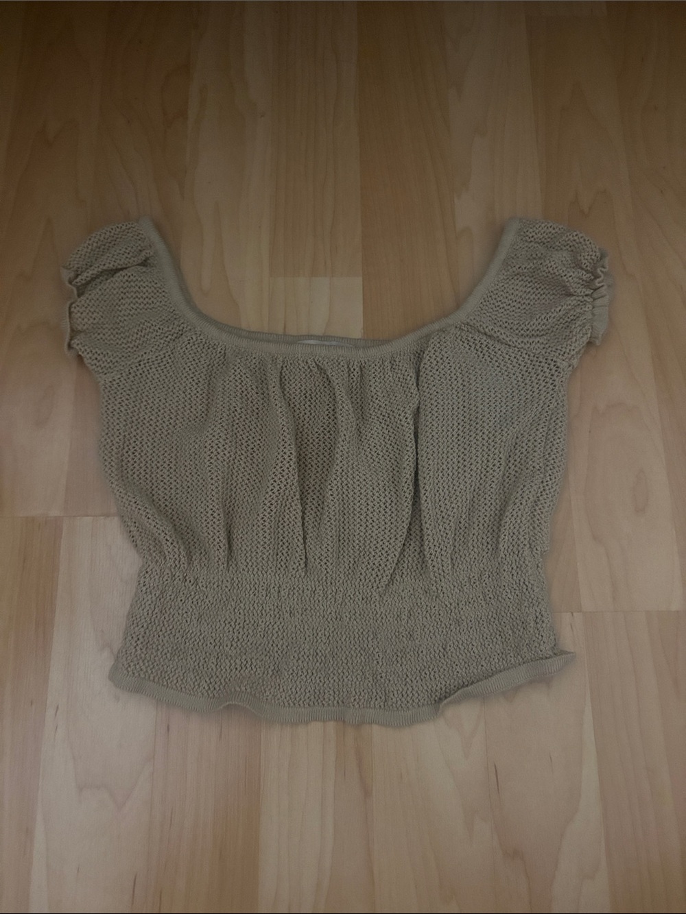 Guess Taupe Smocked Knit Crop Top with Puff Sleeves